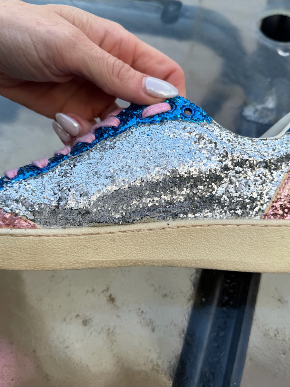 Golden Goose Silver Glitter Sneakers with Pink Star and Blue & Pink Accents - Picture 12 of 16